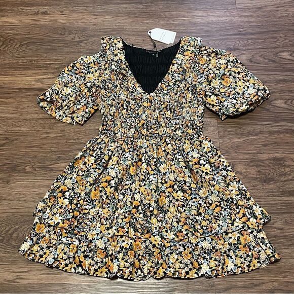NWT ENGLISH FACTORY Plunge Smocked Cotton Floral Mini Dress Yellow Black Blue XS - Picture 9 of 16